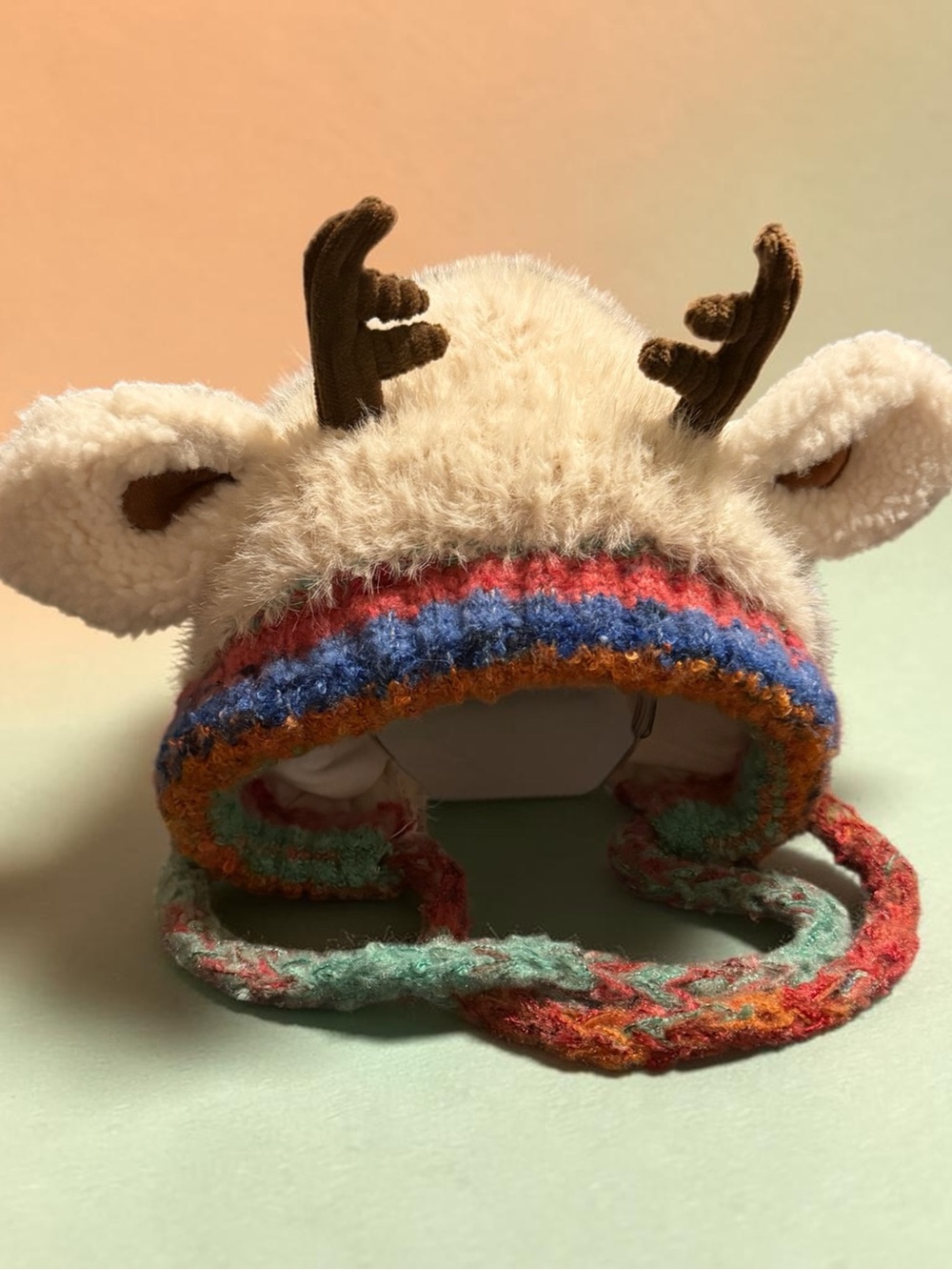 Plush Cream Reindeer Hat with Multicolor Trim - Kids Stuffed Animal Hat